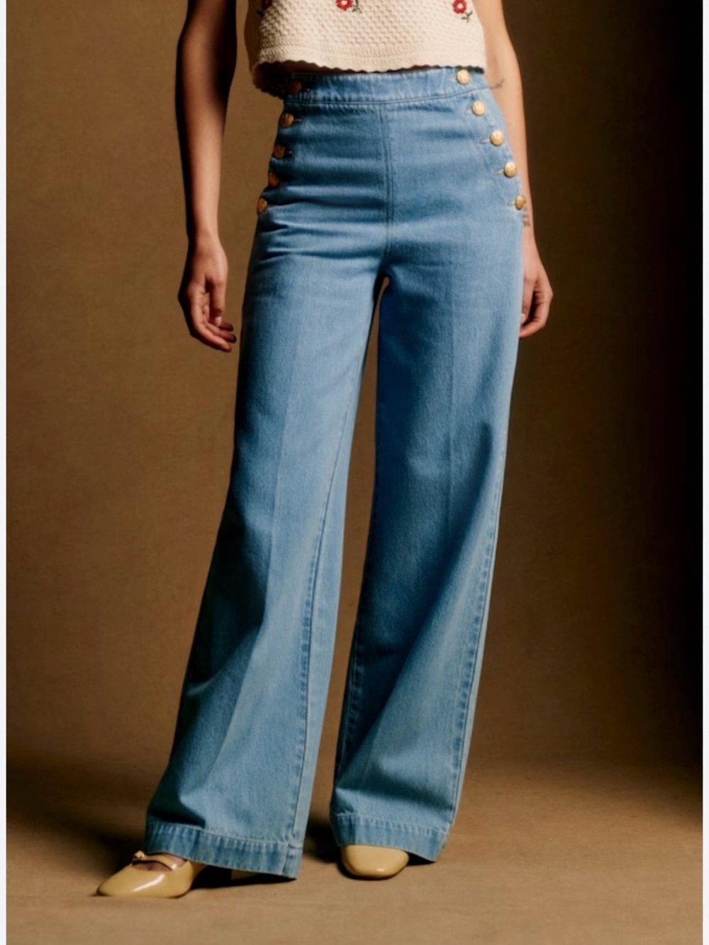 Sezane Light Blue High-Waist Wide-Leg Jeans with Gold Buttons